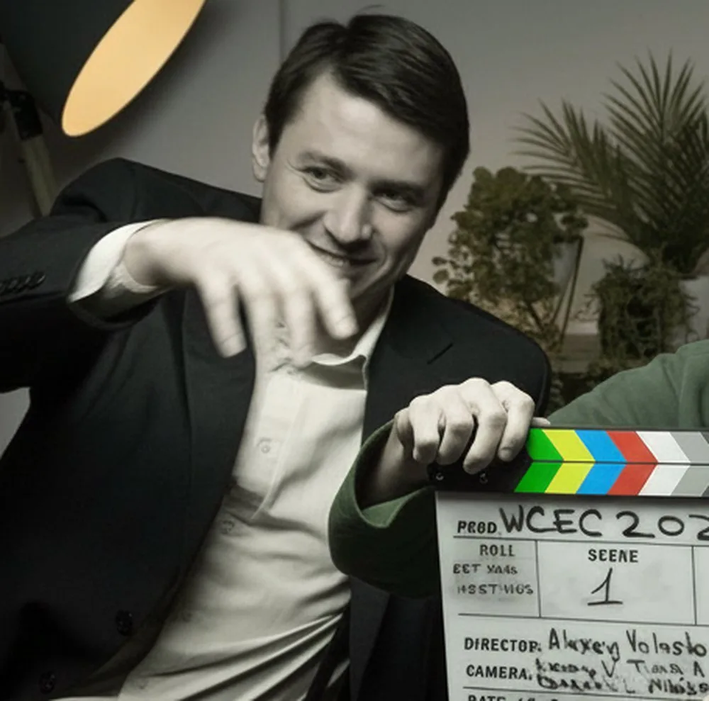 Bruno Domanski on the recording set of the Woodpecker documentary, in Europe, with the clapperboard and studio light